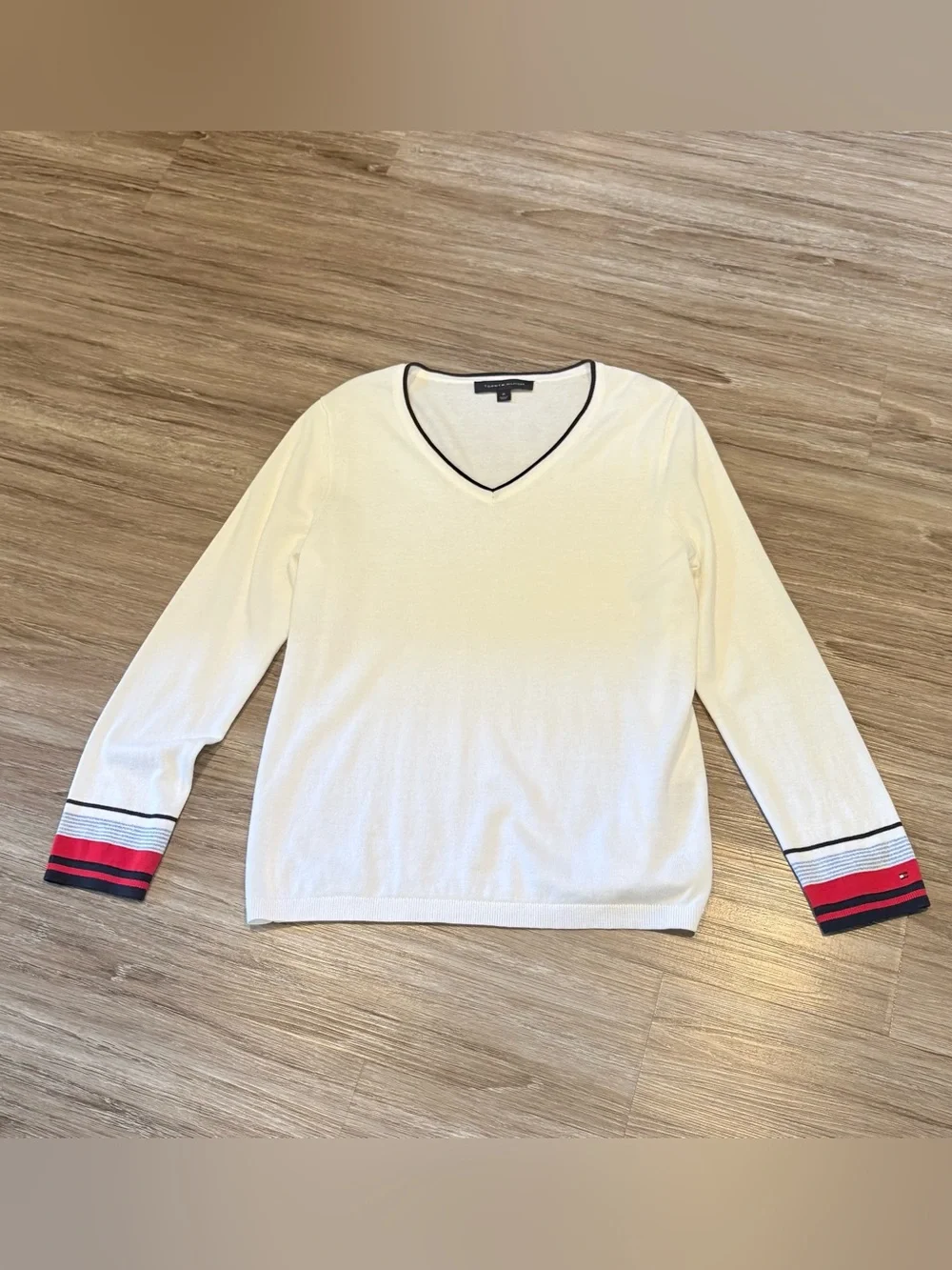 Tommy Hilfiger White V-Neck Sweater with Red & Navy Stripe Cuffs